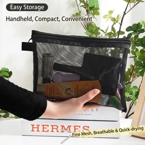 Portable black mesh storage bag for travel cosmetics and skincare
