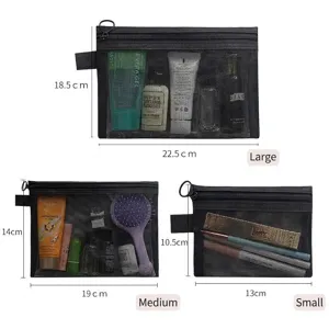 Black mesh cosmetic bag set in three sizes for travel and makeup storage