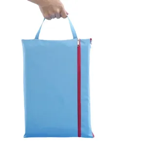 Sac à documents portable A4 en toile bleue avec fermeture éclair rouge pour rangement de bureau