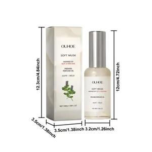 Gedetailleerde afmetingen van OUHOE Soft Musk parfumolie 50ml fles en verpakking