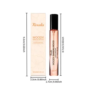 Λεπτομερείς διαστάσεις για το άρωμα Roxelis Woody Sandalwood και το κουτί του