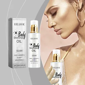 Professional EELHOE silver body shimmer oil bottle with packaging and glowing skin effect