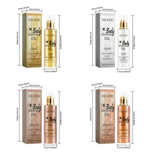 Detailed dimensions and four color variants of EELHOE Body Shimmer Oil bottles