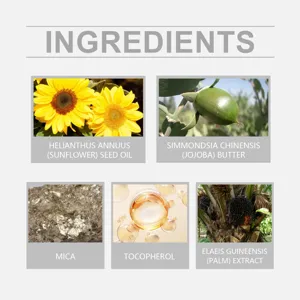 Natural ingredients list featuring jojoba butter and mica for body shimmer oil detail