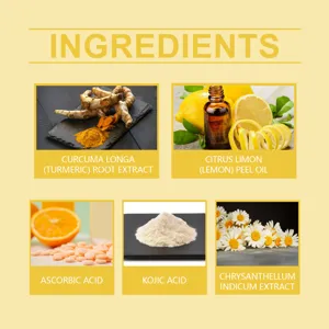 Detailed infographic listing turmeric, lemon, ascorbic acid, and natural skincare ingredients.