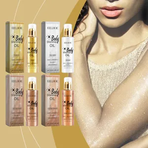 Detail showing body shimmer oil color variants and glowing effect on model's skin