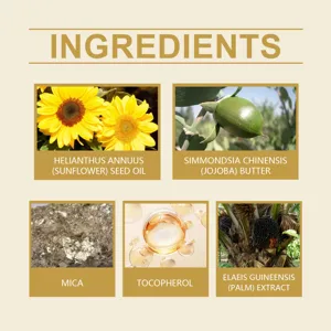 Natural ingredients list for golden body shimmer oil featuring sunflower, jojoba and mica