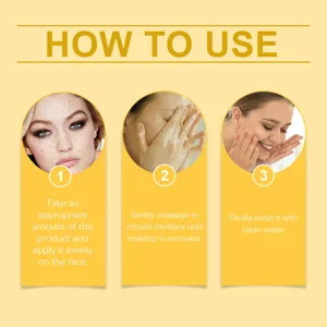 Guida visiva in tre passaggi per applicare e risciacquare il gel struccante alla curcuma