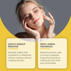Detail view showing gentle makeup removal benefits and fresh lemon fragrance features.