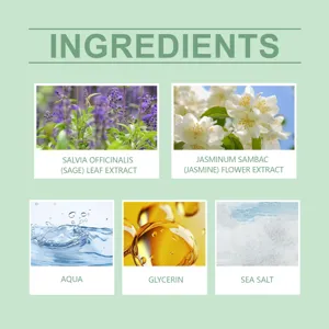 Detail page showing organic ingredients of Sage and Sea Salt perfume spray.