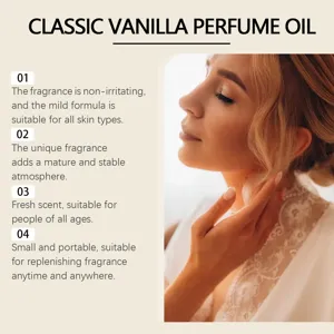 Olio profumo vaniglia classico dettaglio mostra applicazione portatile formula lieve.