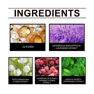 Aperçu détaillé des ingrédients mettant en valeur les extraits de plantes et huiles.