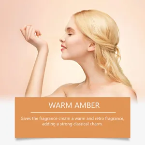 Elegant woman smelling warm amber fragrance cream on her wrist for a lasting retro scent