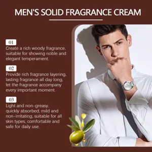 Detail view of men's solid fragrance cream benefits with an elegant male model