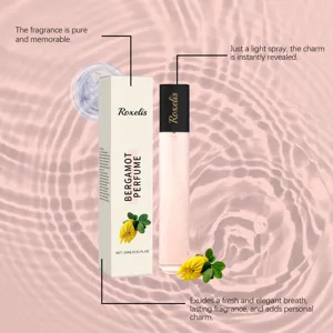 Portable bergamot perfume detail showing elegant pink bottle and luxury packaging box.