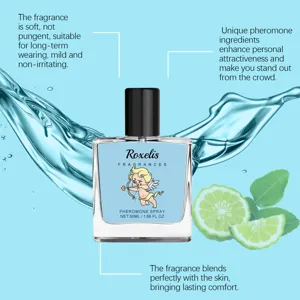 Vue détaillée du spray aux phéromones Roxelis Cupid avec citron vert et éclats d'eau.