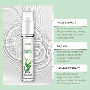 Detailed view of Roxelis Sage Sea Salt perfume spray showing natural ingredient extracts and benefits