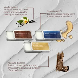 Detailed view of East Moon solid colognes highlighting natural ingredients and portable tins
