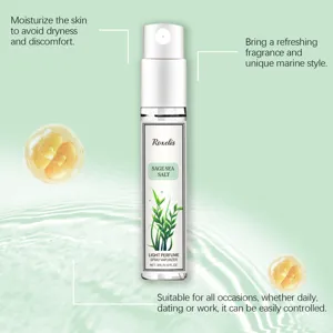 Close-up of Roxelis Sage Sea Salt perfume spray showing minimalist bottle and clear liquid