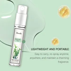 Macro view of portable Sage Sea Salt perfume spray bottle with minimalist label design