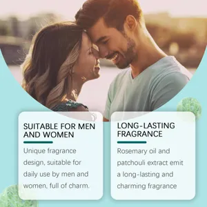 Detail of pheromone perfume benefits featuring rosemary oil and patchouli extract