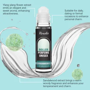 Detail of Roxelis unisex roller perfume bottle featuring ylang-ylang and sandalwood extracts.