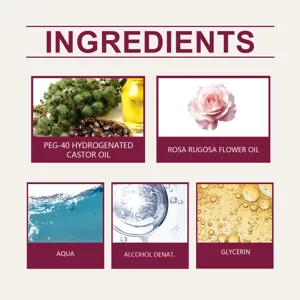 Detailed view of perfume ingredients including rose oil, aqua, glycerin and castor oil