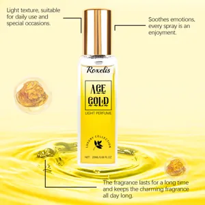 Dettaglio del flacone di profumo di lusso Roxelis Age Gold su increspature dorate
