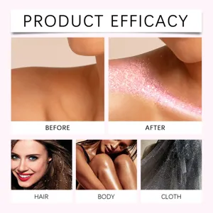 Effetti dettagliati dello spray glitterato rosa su capelli, corpo e tessuti in evidenza