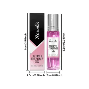 10ml Roxelis Flower Perfume Oil pink liquid with silver cap and detailed box dimensions info