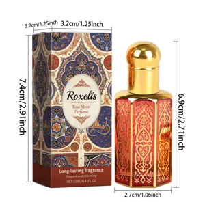 Λεπτομερείς διαστάσεις του αρώματος Roxelis Arabian Rose και της διακοσμητικής του συσκευασίας.