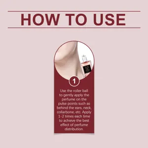 Illustration showing how to apply rose essential oil perfume to the neck using a roller ball.