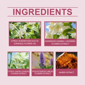 Vue détaillée des ingrédients naturels du parfum floral incluant jasmin et ambre