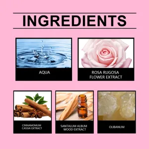 Detail view of perfume ingredients including rose, sandalwood, and cinnamon extracts.