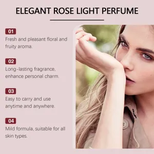Elegant rose light perfume features with model showing long-lasting fragrance effect