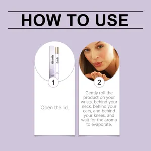 Instructional guide showing how to apply Roxelis rollerball perfume on wrists.
