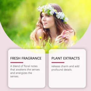 Détail de parfum floral montrant des notes fraîches et des extraits de plantes.