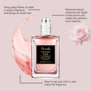 Detailed view of Roxelis elegant rose rollerball perfume oil with floral ingredients.