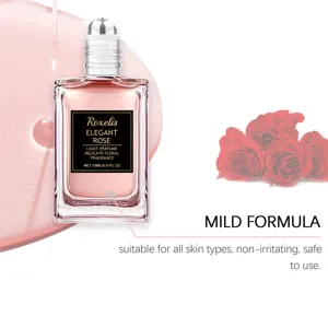 Detailed shot of Elegant Rose perfume bottle with pink liquid swirl and roses