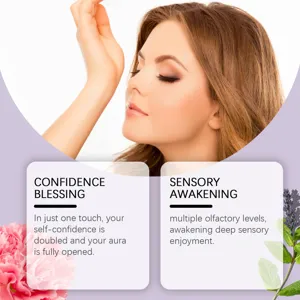 Detailed view of woman smelling fresh carnation and herbal rollerball perfume