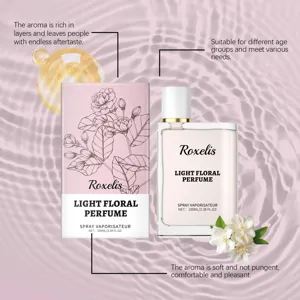 Vue détaillée du flacon de parfum floral Roxelis et de son élégant coffret rose assorti