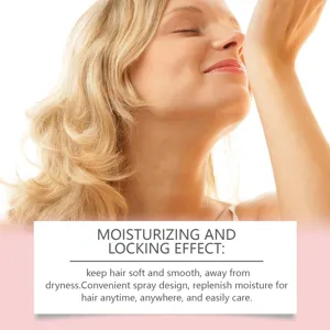 Close-up of a serene blonde woman enjoying the delicate floral fragrance of hair perfume spray.