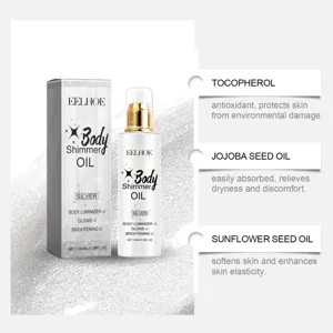 EELHOE silver body shimmer oil showing ingredients tocopherol and jojoba seed oil