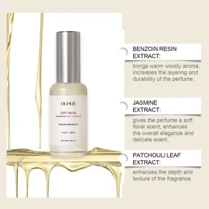 Gedetailleerde ingrediënten van OUHOE Soft Musk parfumolie met benzoë en jasmijn.