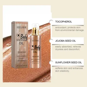 Detail view of EELHOE body shimmer oil with key ingredients listing and texture smear.
