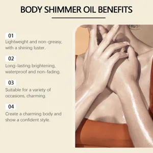 Close-up of glowing skin with body shimmer oil highlighting benefits and usage effects.