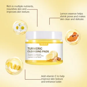 Detail view of turmeric cleansing pads highlighting lemon and vitamin C ingredients.