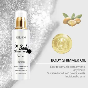 Detailed view of silver EELHOE Body Shimmer Oil bottle with texture and ingredients