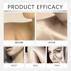 Macro view showing the shimmering gold body highlighter oil effect on neck, legs, and face.