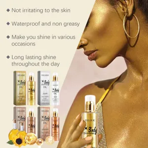 Detail of EELHOE gold body shimmer oil showing skin glowing effect and product range